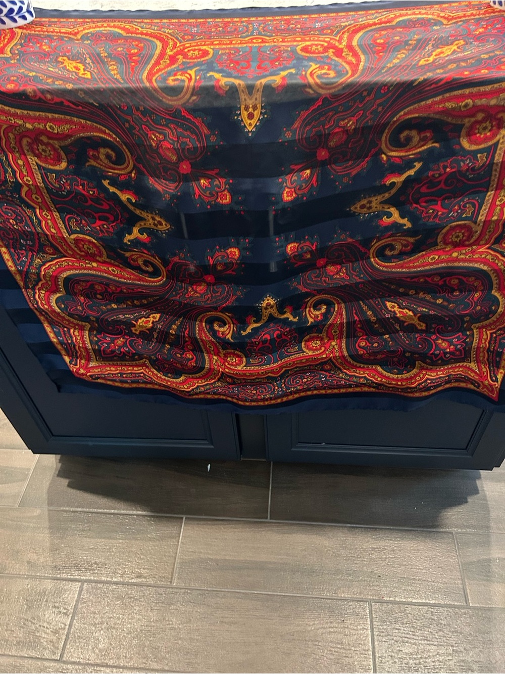 Navy Paisley Silk-Feel Scarf with Red & Gold Accents